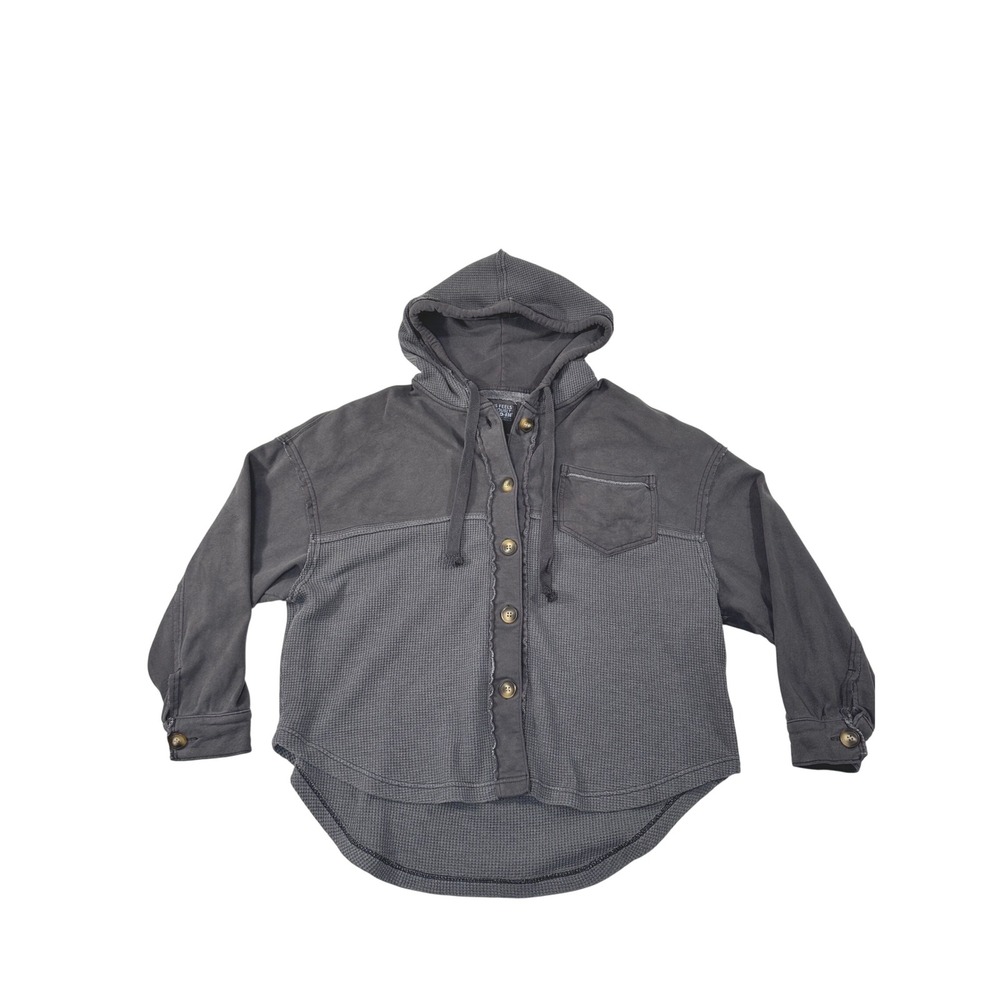 American Eagle Seriously Lived-In Mixed Media Waffle Knit Hoodie Shacket Grey M